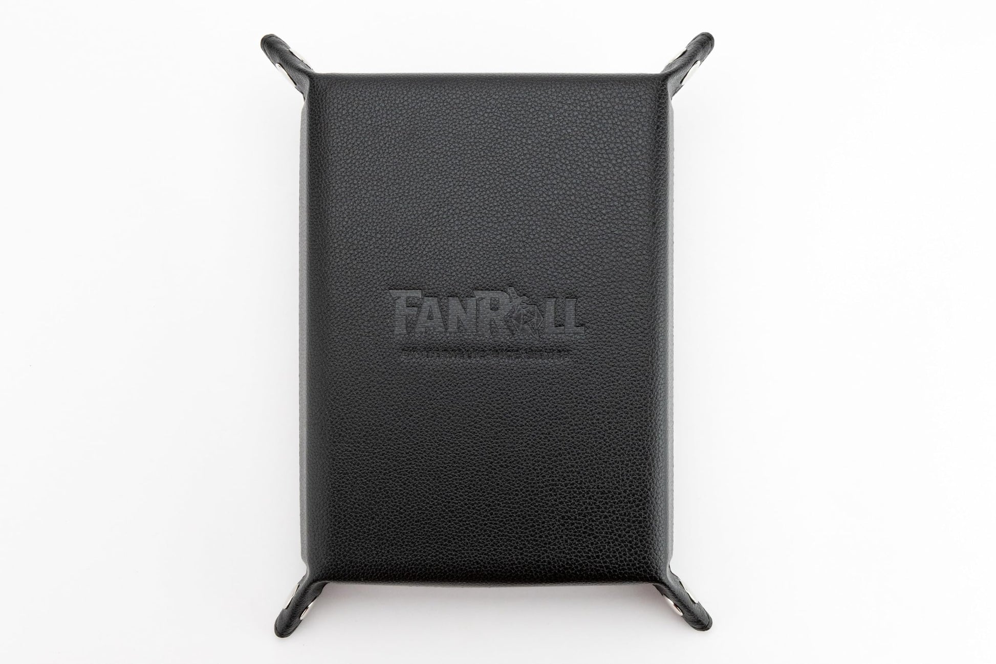 The FanRoll fold-up dice tray is black and rectangular, featuring a pebbled texture and the debossed logo centered on the exterior surface