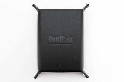 The FanRoll fold-up dice tray is black and rectangular, featuring a pebbled texture and the debossed logo centered on the exterior surface