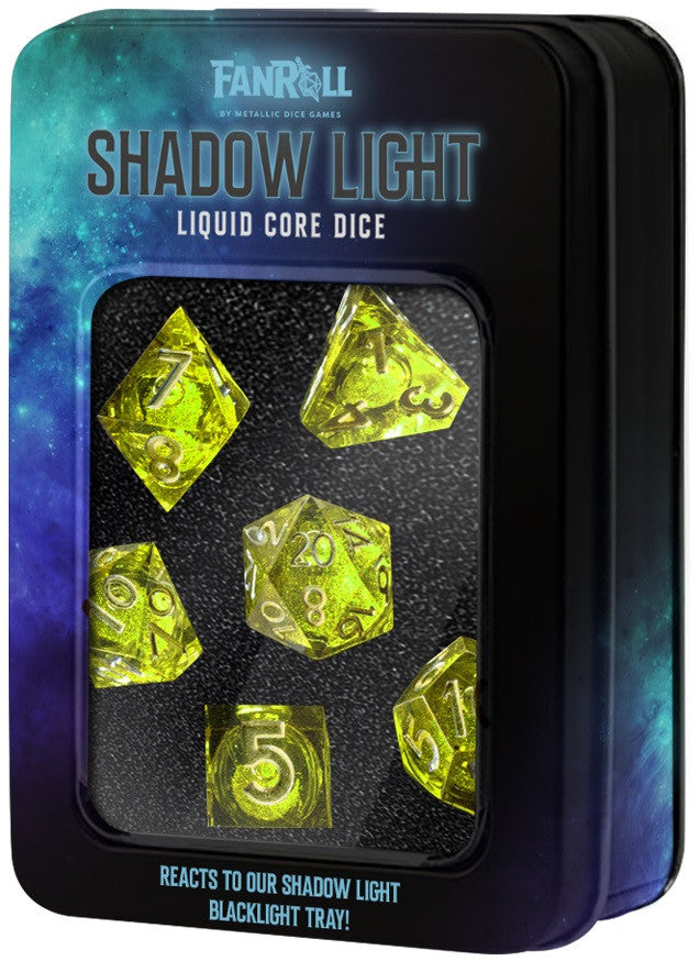 Shadow Light UV Reactive Elixir Liquid Core RPG Dice Set inside a box