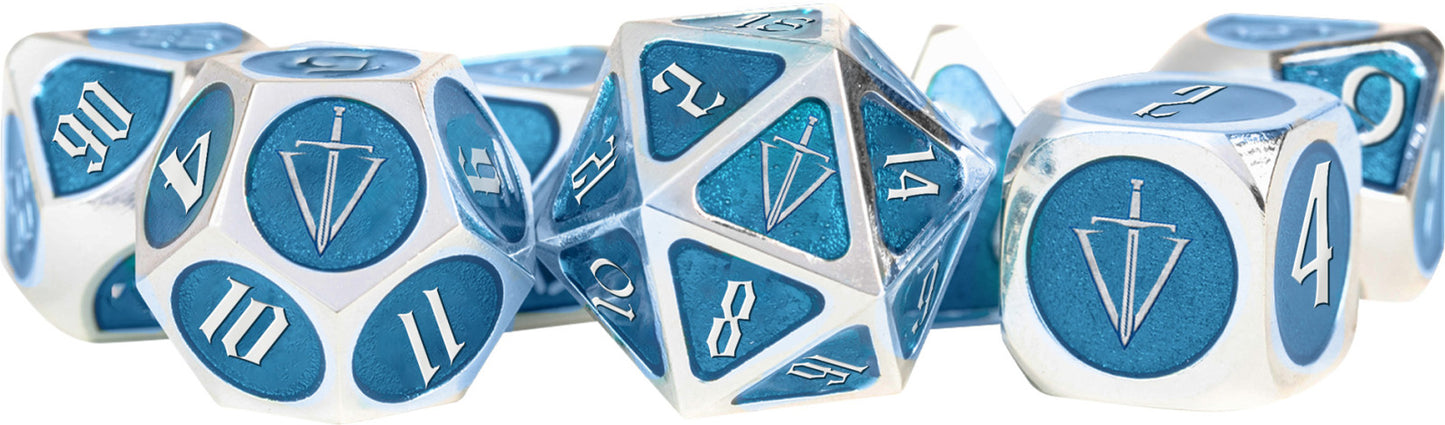 Retail packaging of Tales of the Valiant metal dice set by FanRoll