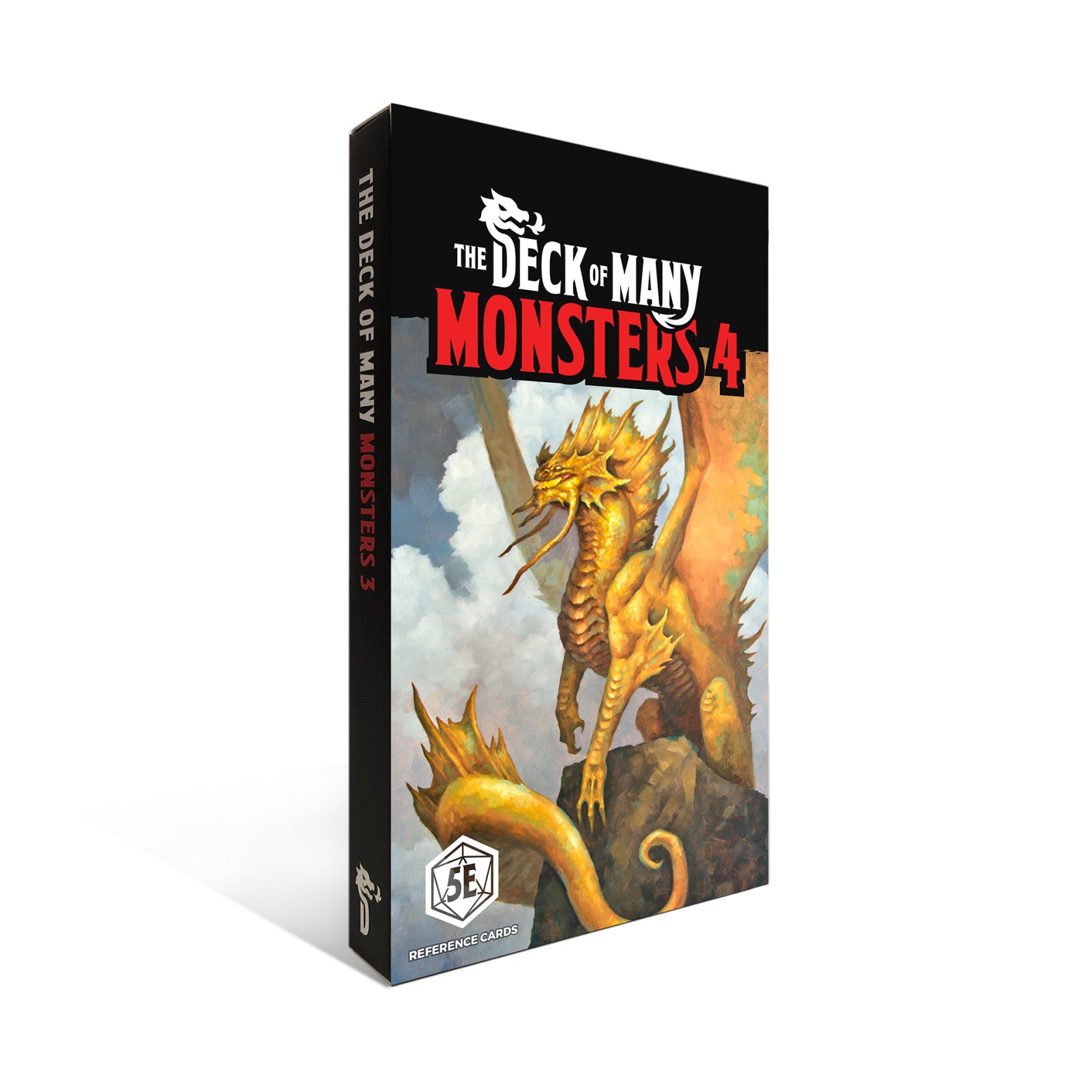 The Deck of Many Monsters 4 D&D 5E reference cards box, featuring a golden dragon on the cover
