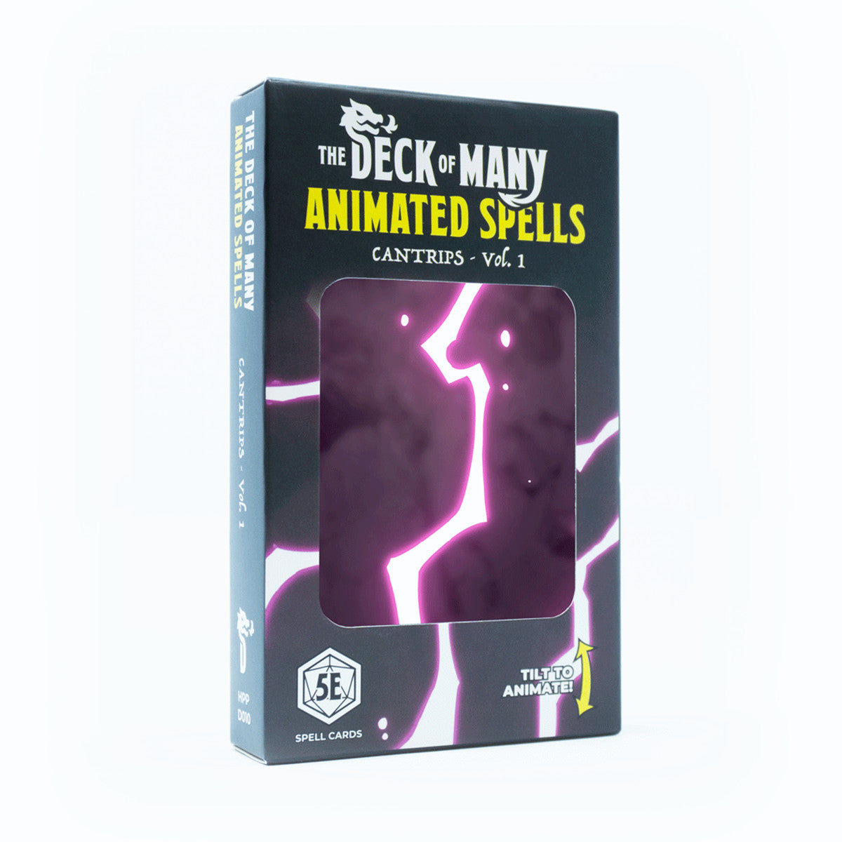A black box for The Deck of Many Animated Spells Cantrips showing a purple background with pink lightning bolts and a tilt to animate instruction