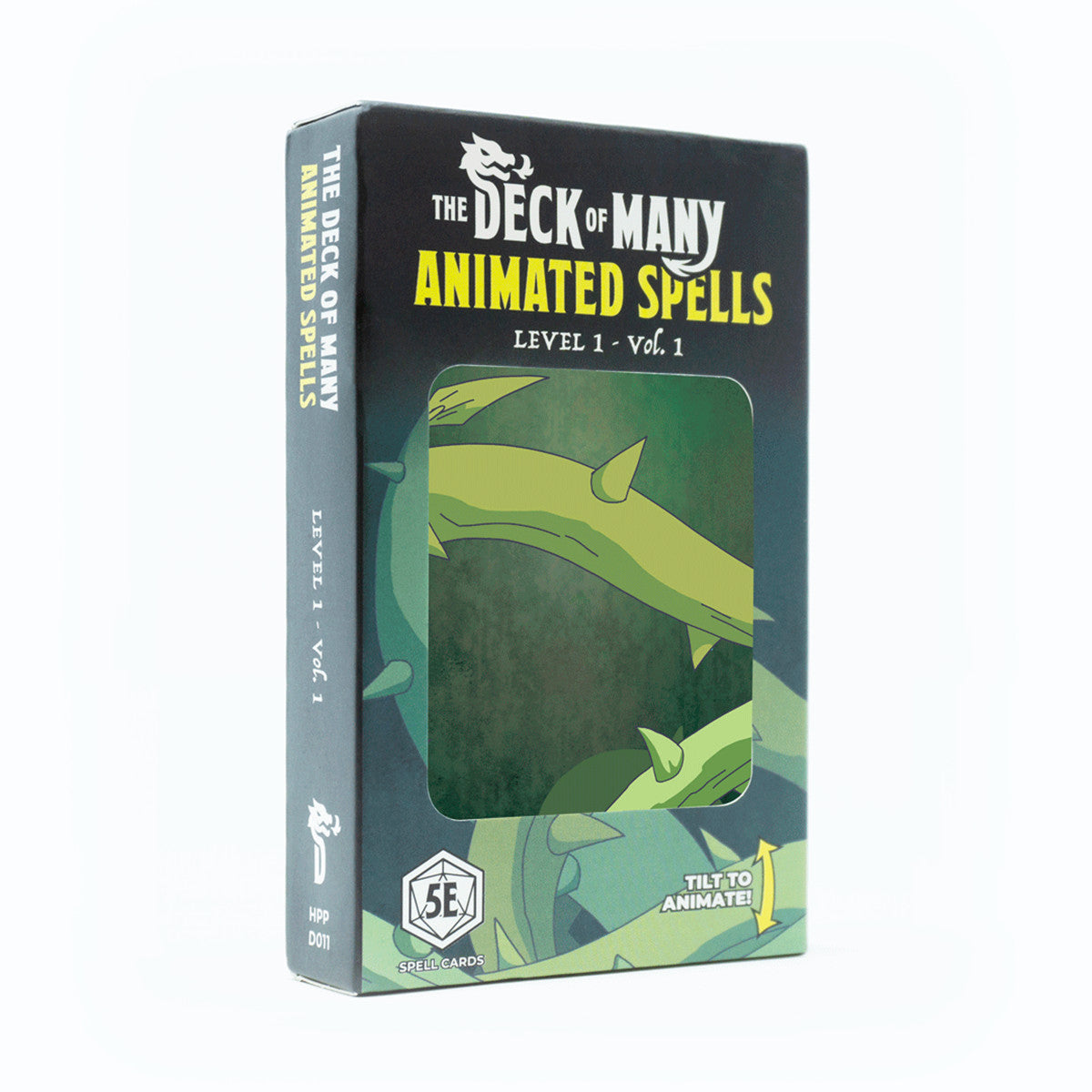 An angled product box for The Deck of Many Animated Spells Level 1 is dark green with thorny vines, a 5E logo, and text about animating spells