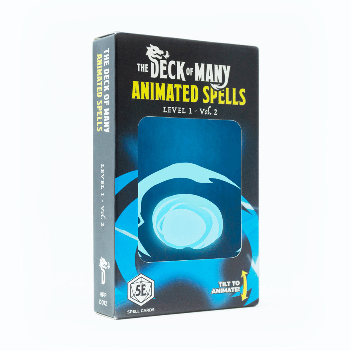 A dark cardboard box for The Deck of Many Animated Spells Level 1 - Vol 2, featuring a blue magical orb design through a window
