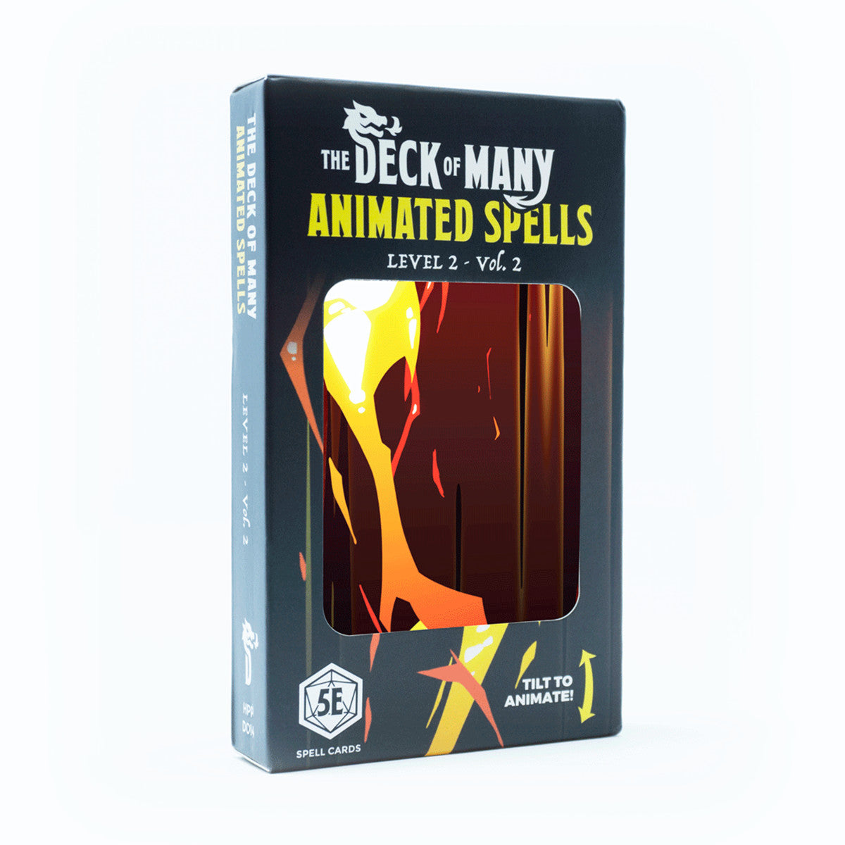 The Deck of Many Animated Spells Level 2 - Vol 2 box has a window revealing an optical illusion of flowing yellow and orange energy