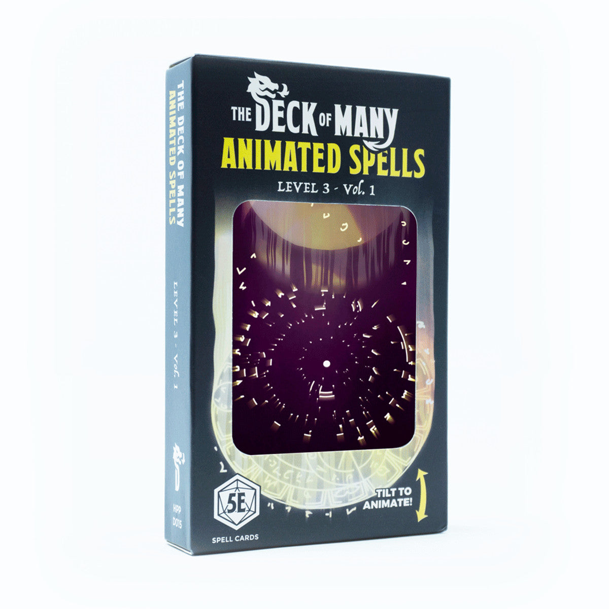 A black box for The Deck of Many Animated Spells Level 3 shows a swirling purple animated pattern through a clear window