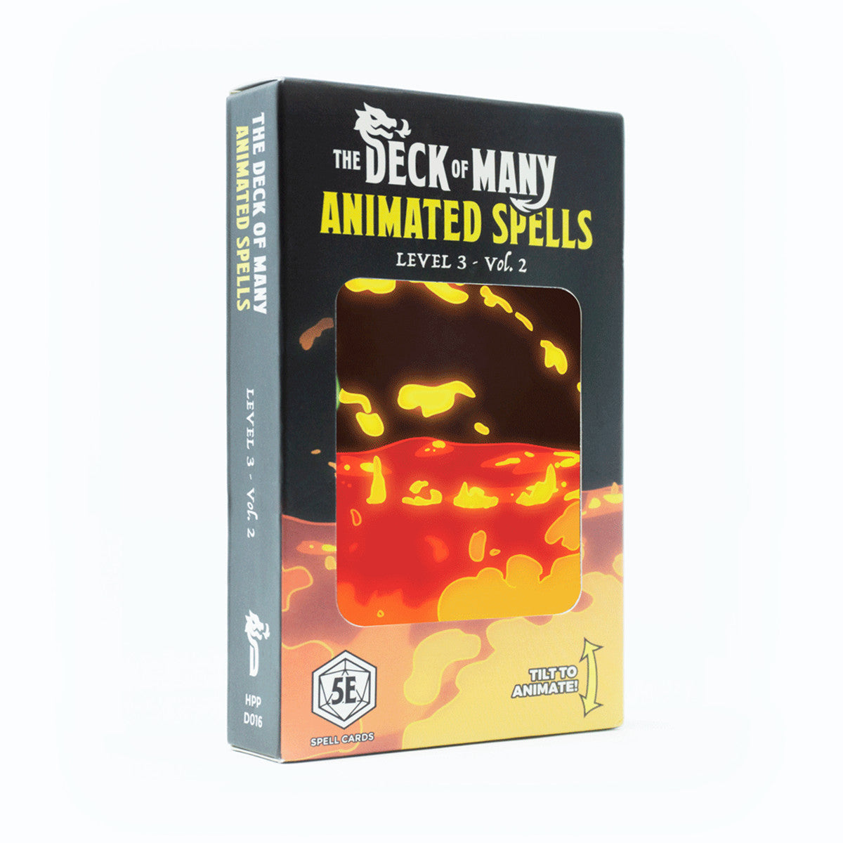A black box for The Deck of Many Animated Spells Level 3 on a white background, featuring red and yellow animated lava-like art and a 5E symbol