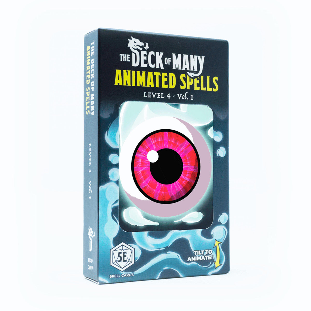 A dark box for The Deck of Many Animated Spells Level 4 showing a glowing red and pink eye against a swirling blue background