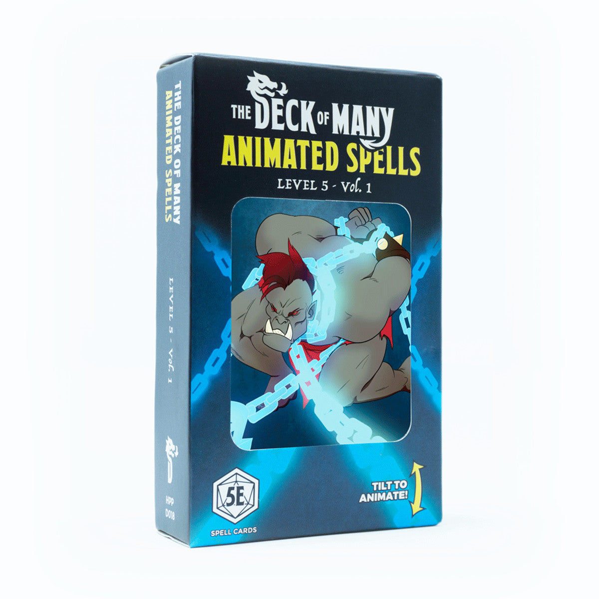 Hit Point Press The Deck of Many Animated Spells Level 5 Vol 1 5E spell cards box depicting a grey-skinned beast with red hair breaking glowing blue chains