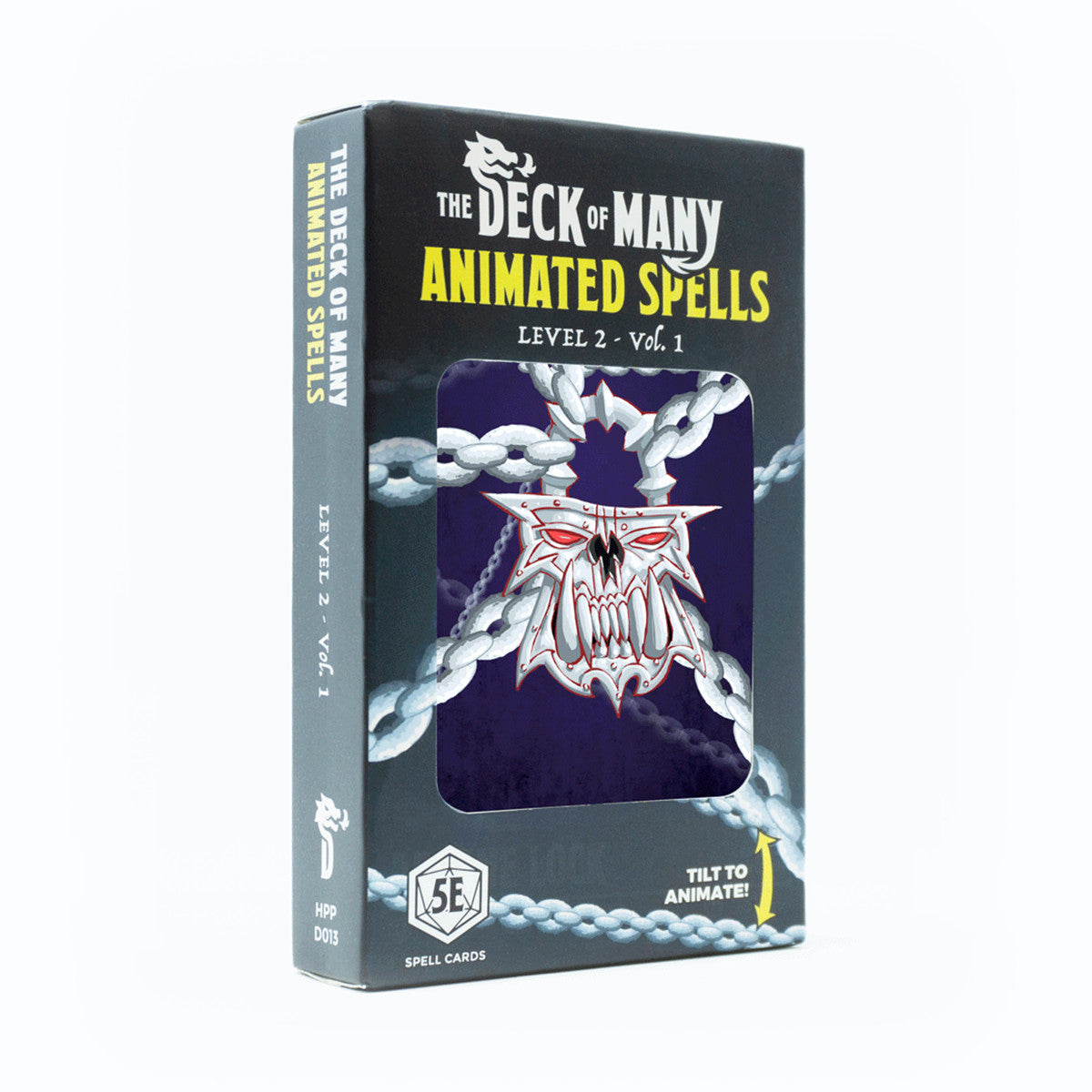 A dark grey box for The Deck of Many Animated Spells Level 2 showing a lenticular image of a skeletal face with chains on a purple background