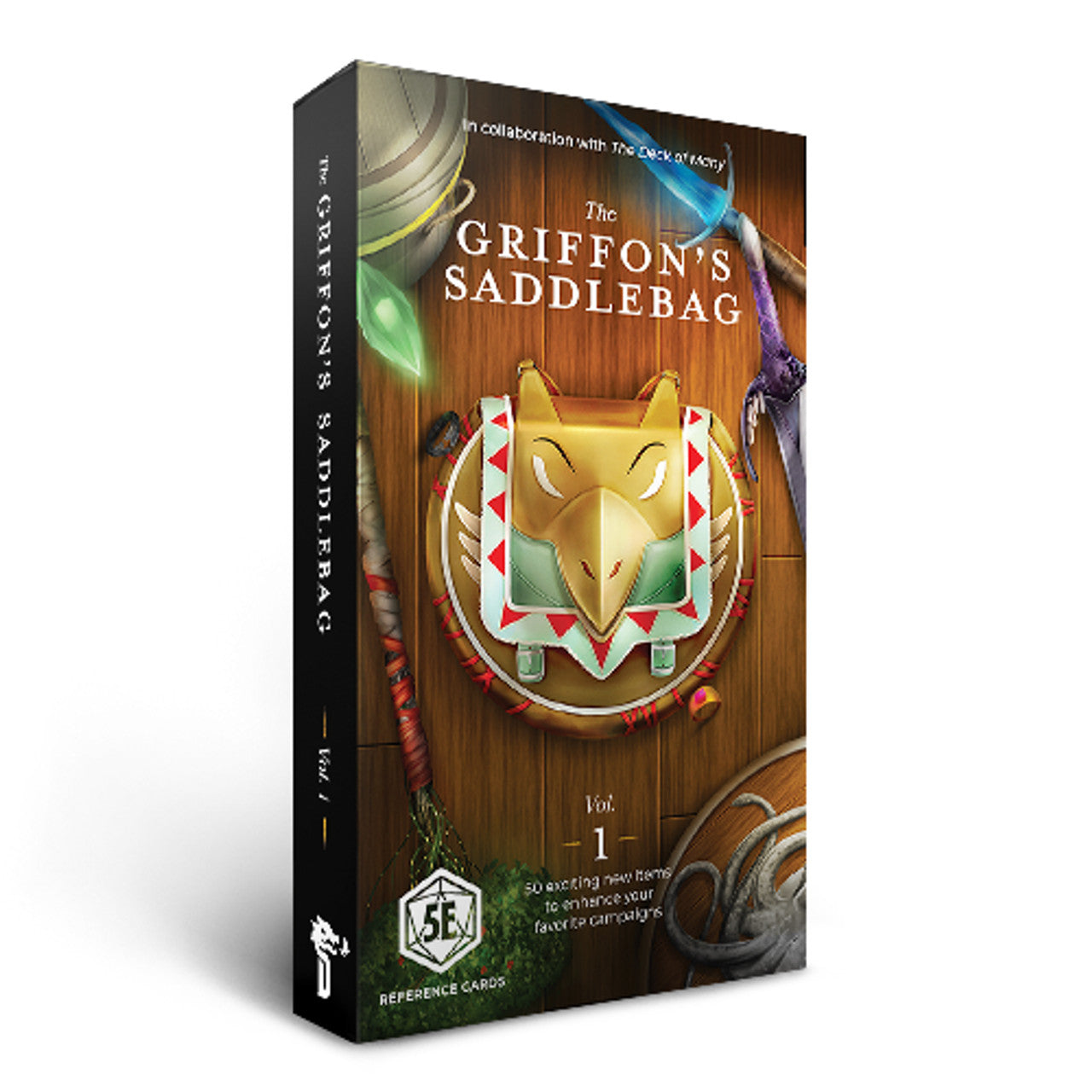 The Griffon's Saddlebag Vol. 1 5E Reference Cards box, with a golden griffon emblem and fantasy items.