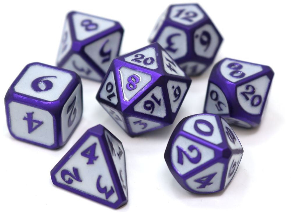 Harbinger RPG dice set black and crimson metal dice with a fiery, battle-forged design