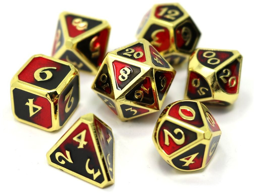 Die Hard Dice Bloodbath red and black metal dice set displayed on a reflective surface