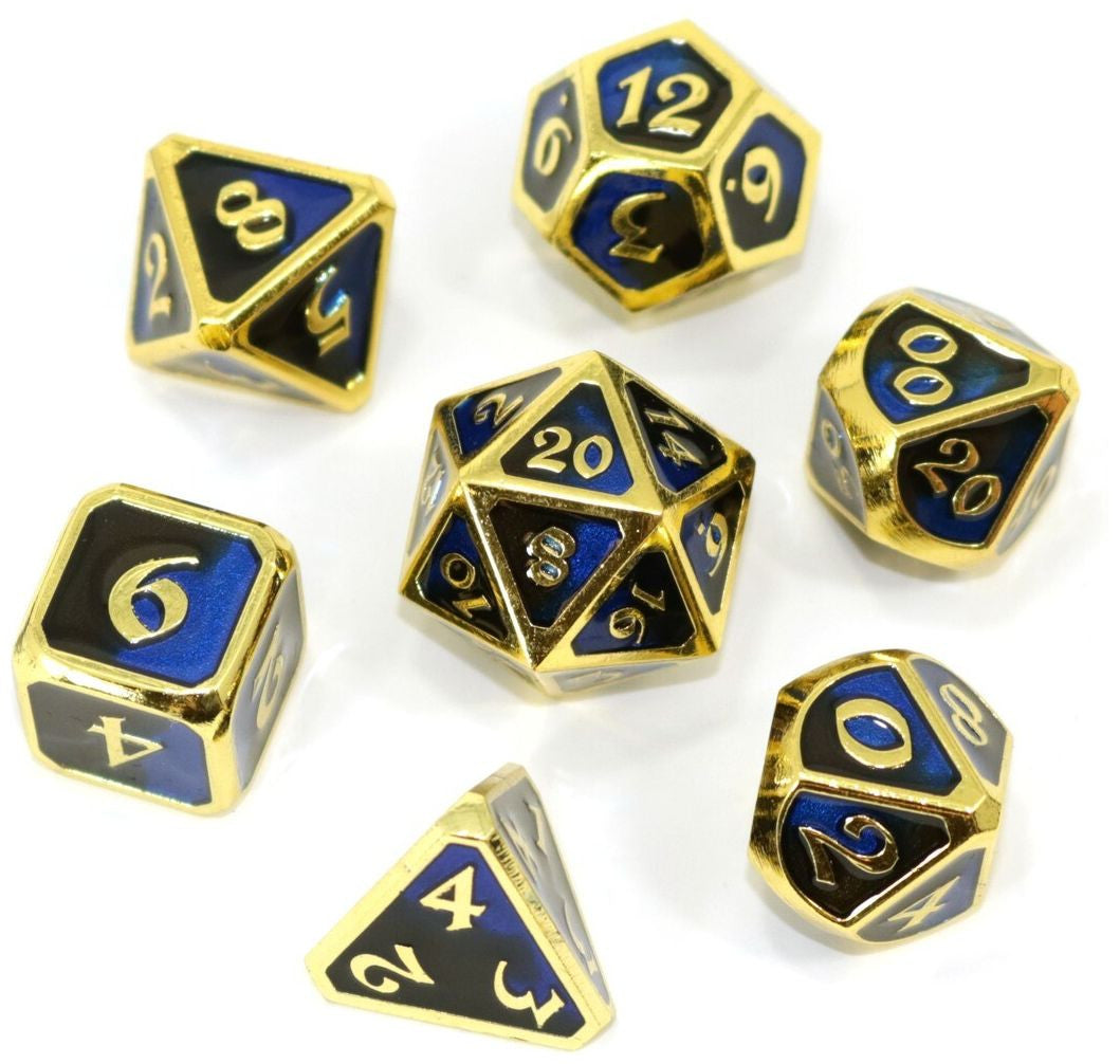 Undertow RPG dice set deep blue and silver metal polyhedral dice with swirling aquatic tones