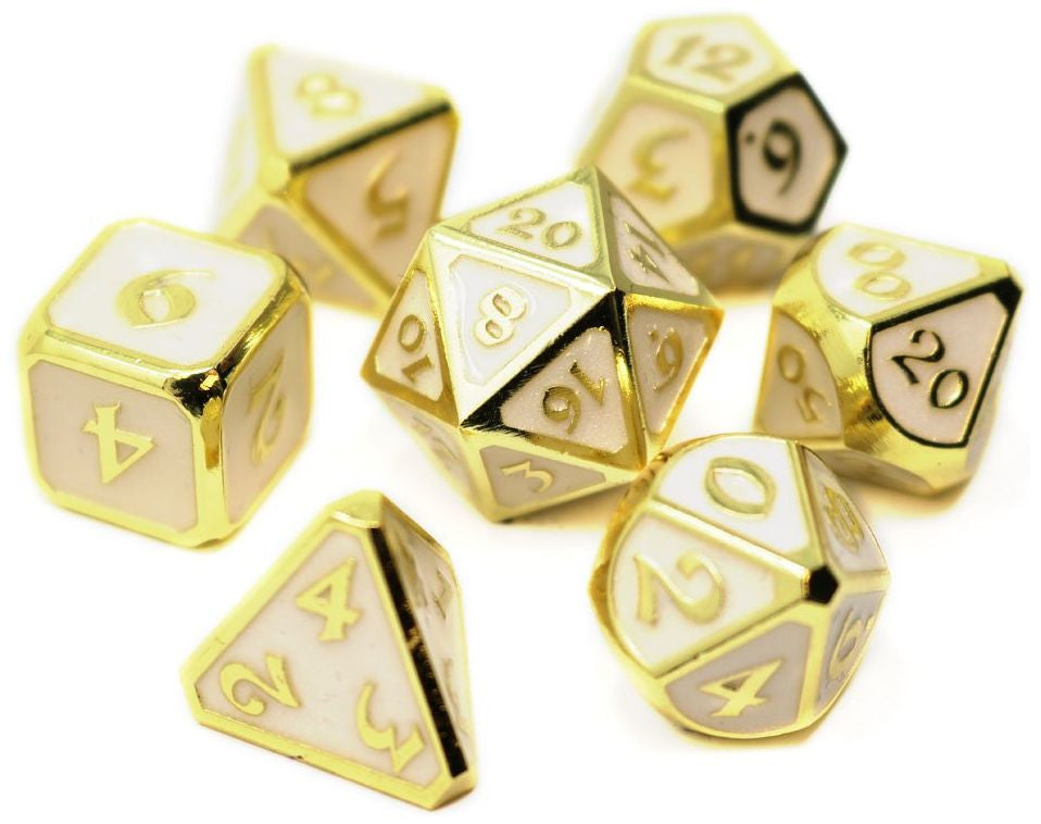 Mythica Celestial Relic RPG dice set radiant silver and gold metal dice with celestial engravings