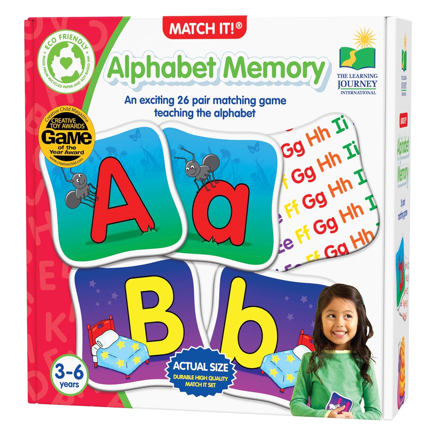 Match It! Alphabet Memory game box showing cards with letters A, a, B, b, illustrations, and a smiling child
