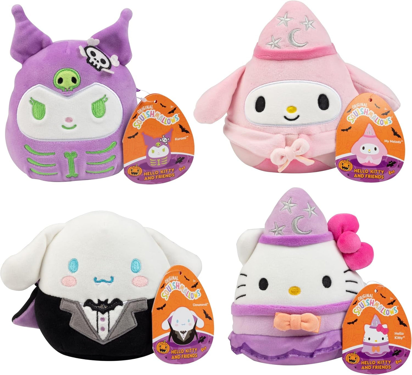 Four Sanrio Squishmallows (Kuromi, My Melody, Cinnamoroll, Hello Kitty) in Halloween costumes