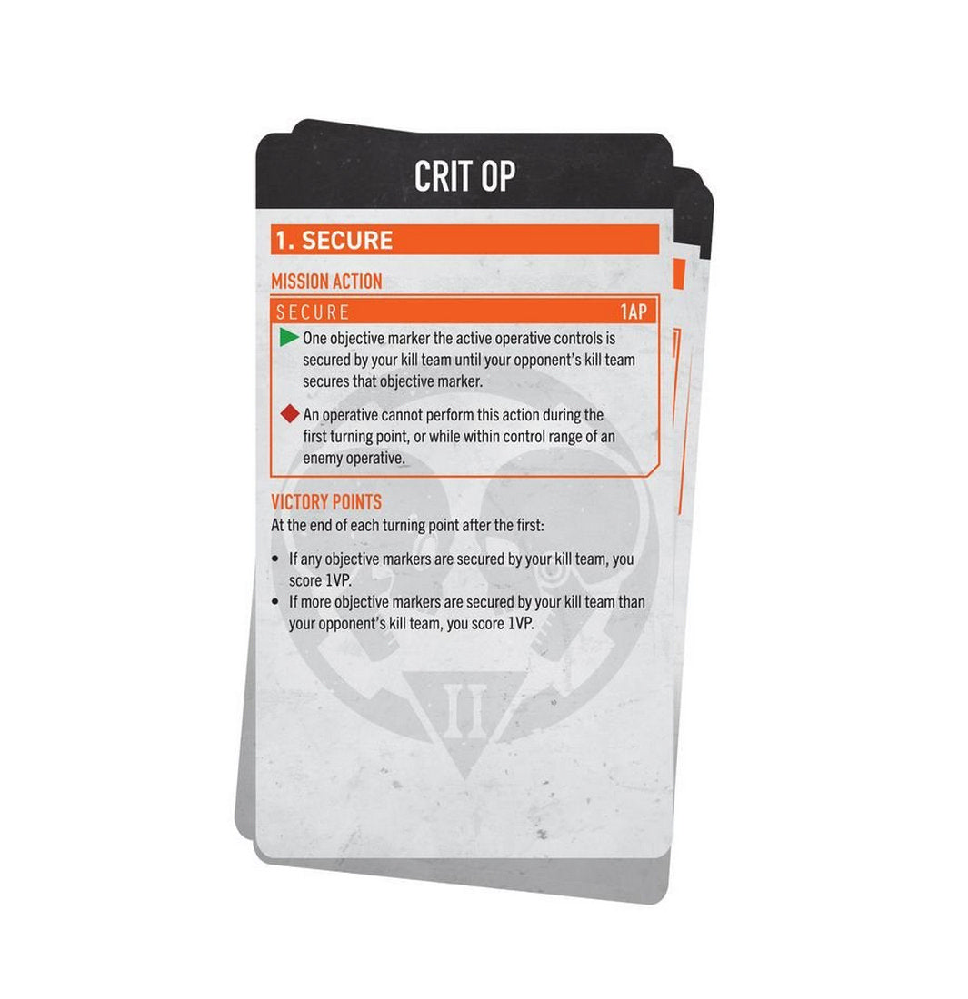 Wargame critical operation card, "CRIT OP: 1 SECURE," detailing mission action and Victory Points