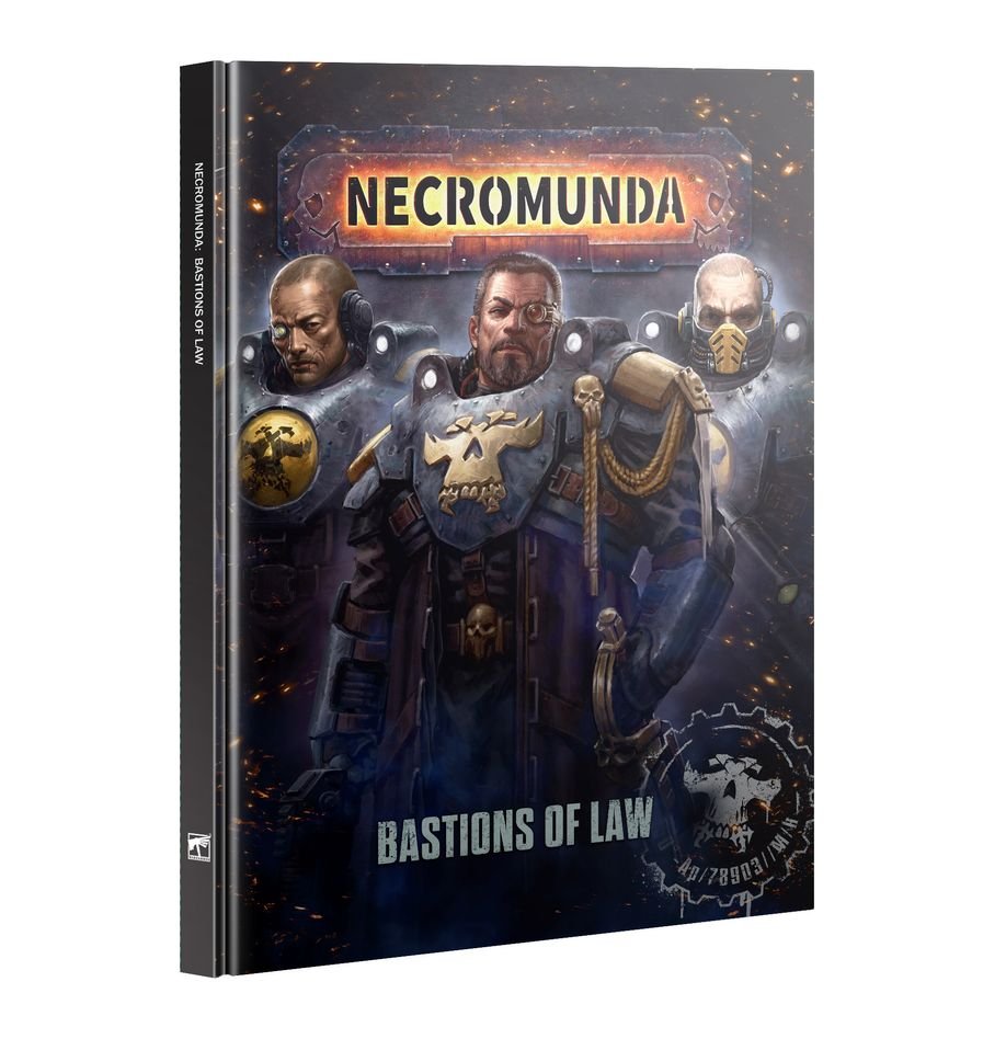 Necromunda: Bastions of Law book cover featuring three armored law enforcement officers (Enforcers)