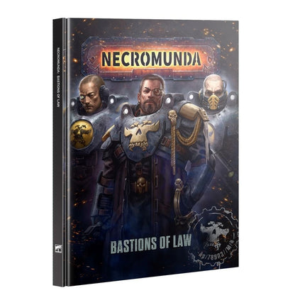 Necromunda: Bastions of Law book cover featuring three armored law enforcement officers (Enforcers)