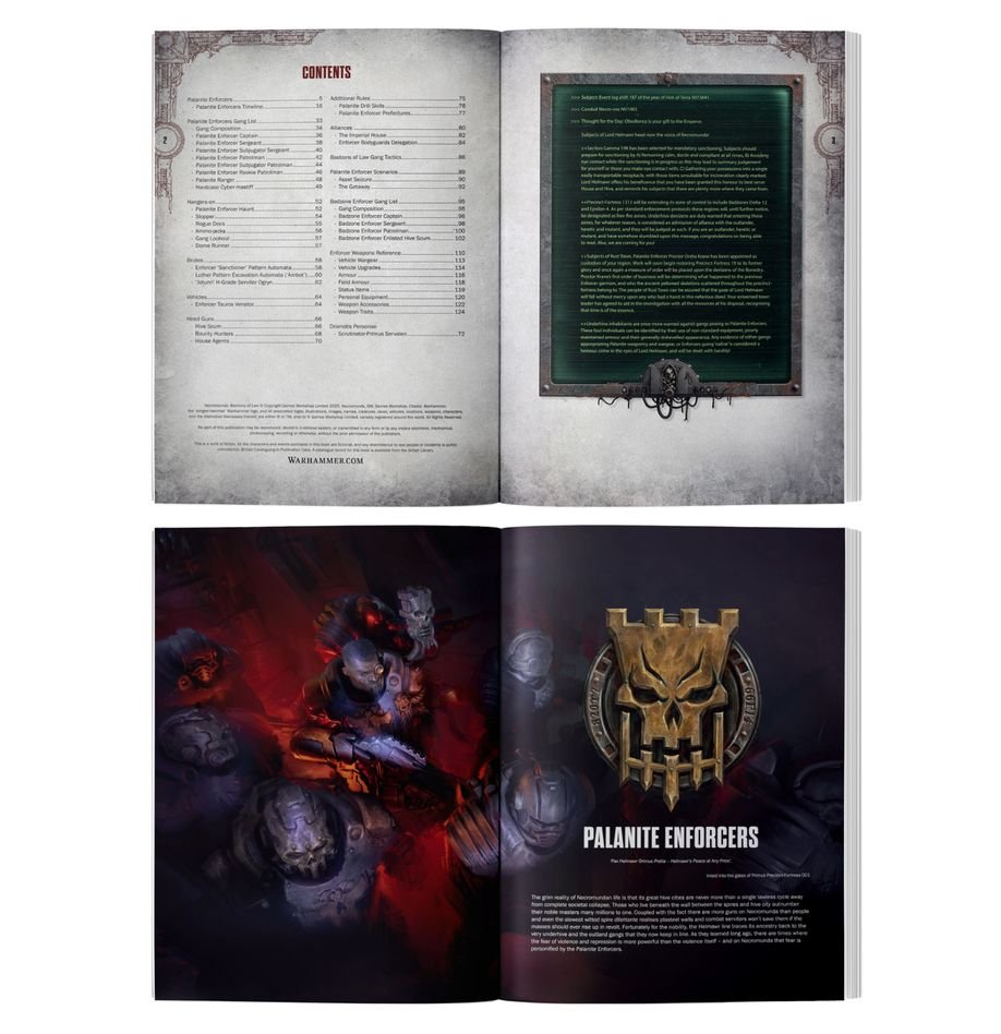 Open Warhammer book showing the Table of Contents, lore, and artwork featuring Palanite Enforcers and their skull logo