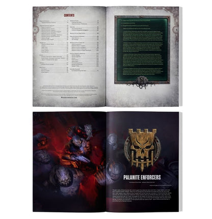 Open Warhammer book showing the Table of Contents, lore, and artwork featuring Palanite Enforcers and their skull logo