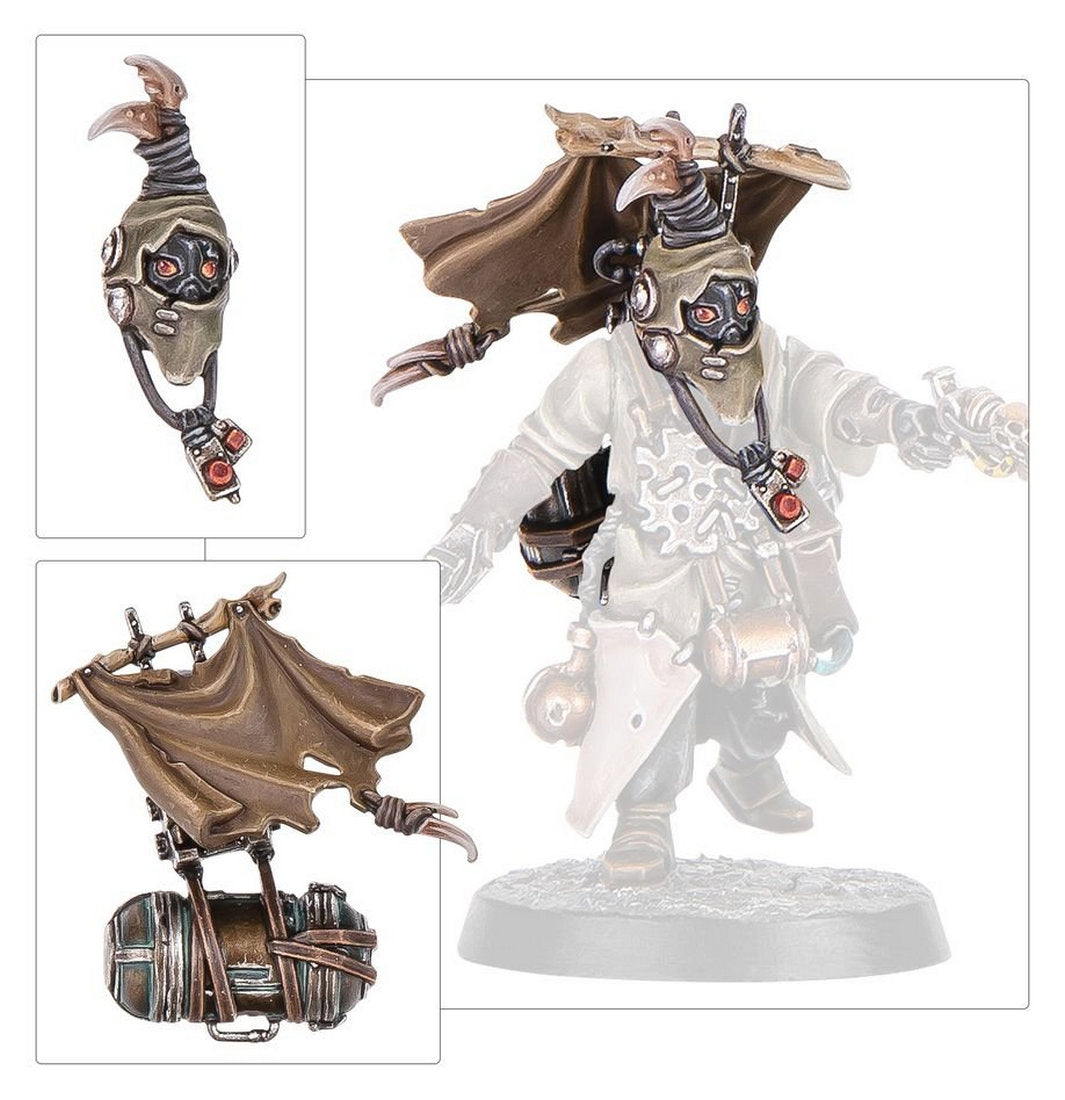 Painted miniature details of a cloaked, beaked cultist model, featuring close-ups of the head and backpack components
