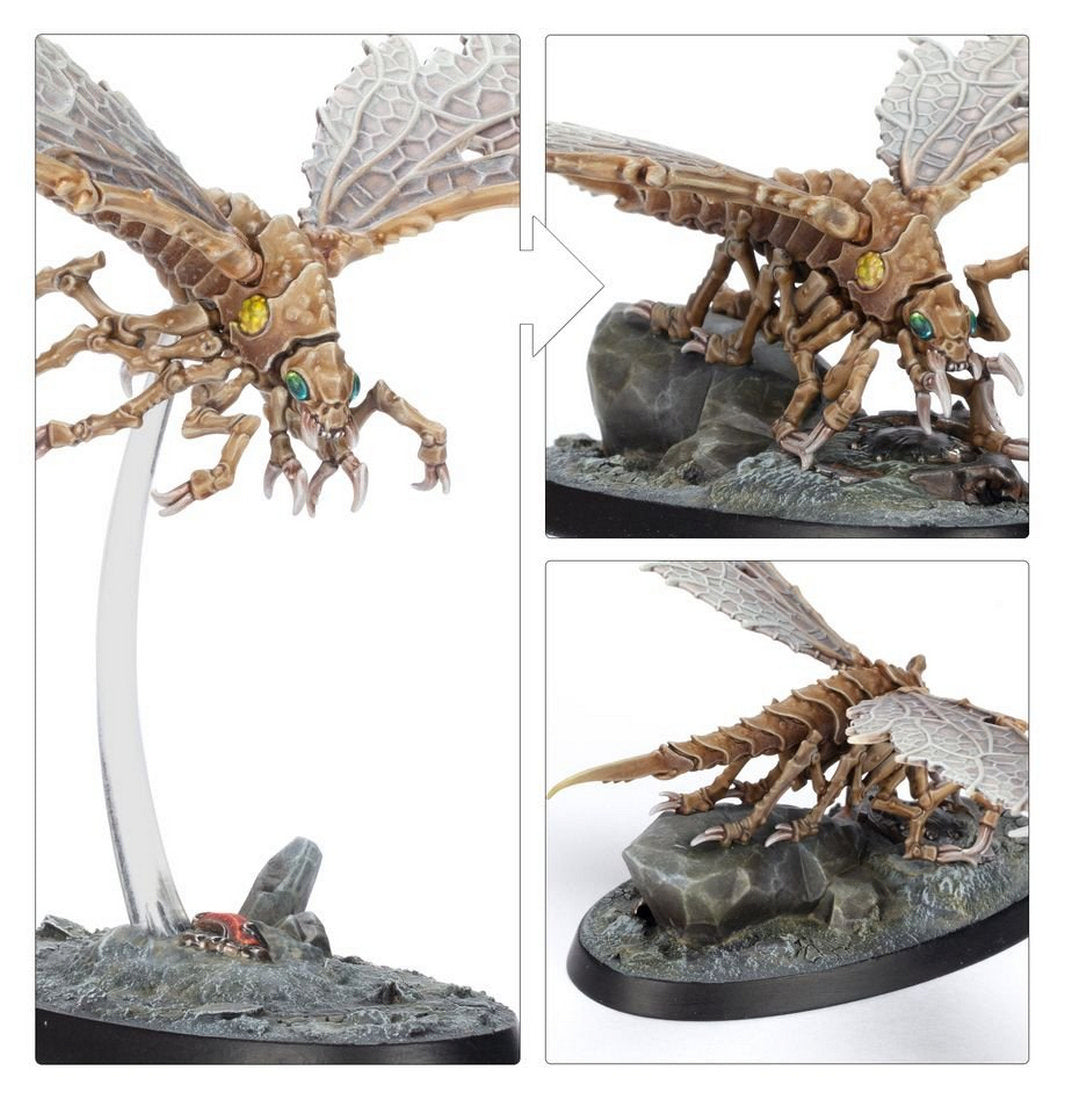 Painted miniature of a large brown insectoid creature with veined wings, detailed in four poses: flying and grounded