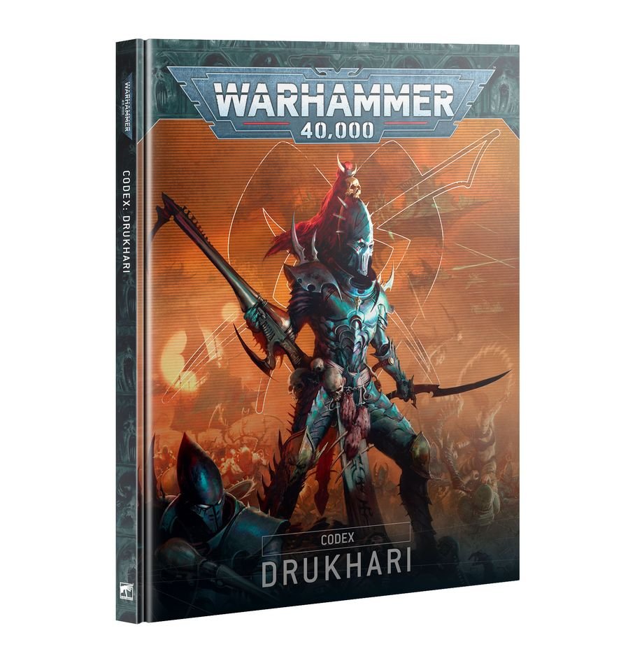 Warhammer 40k Codex: Drukhari rulebook. Cover features a masked, armoured warrior holding a rifle
