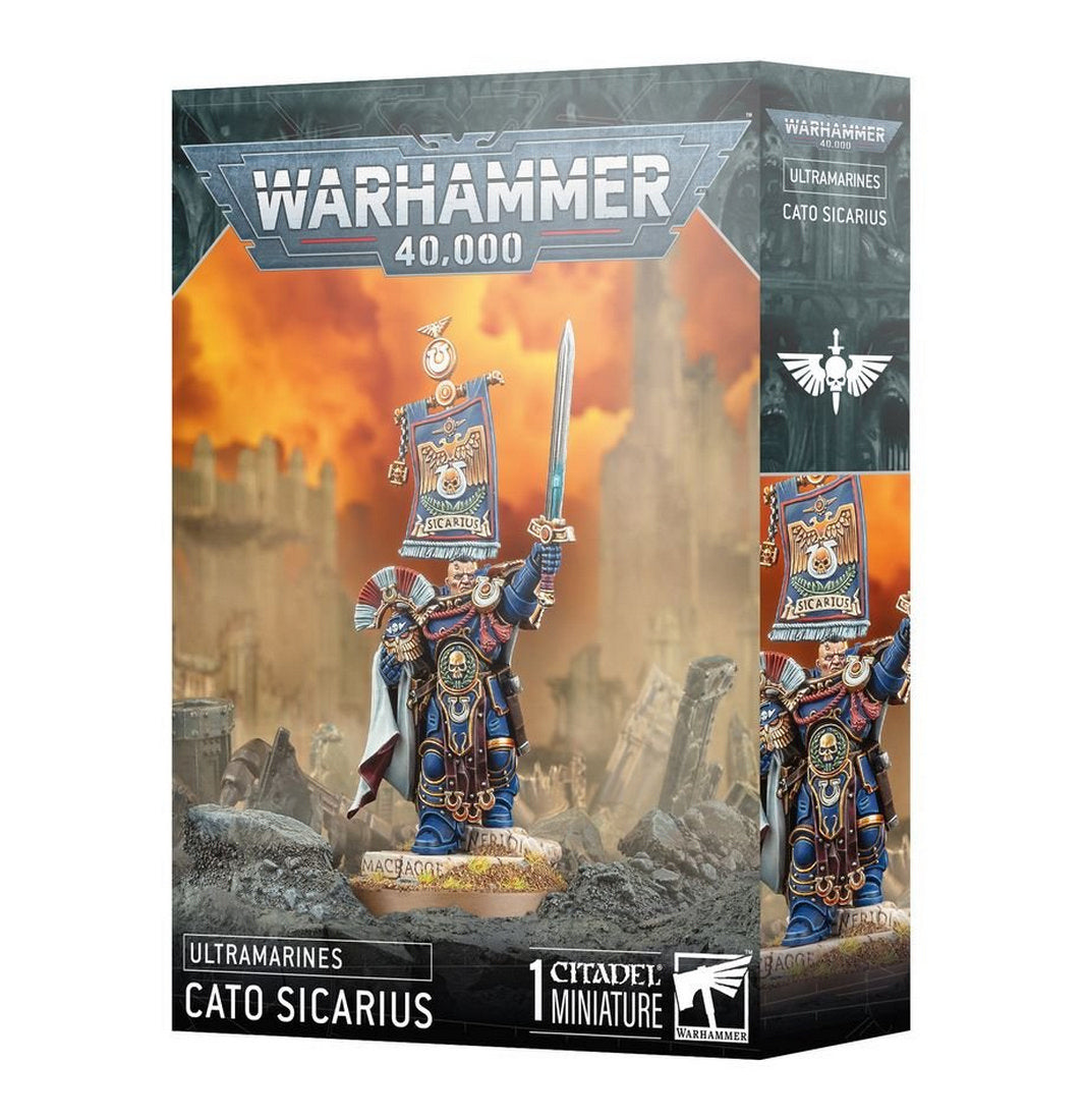 Warhammer 40K Cato Sicarius miniature box, Ultramarine figure raising sword and banner on ruins