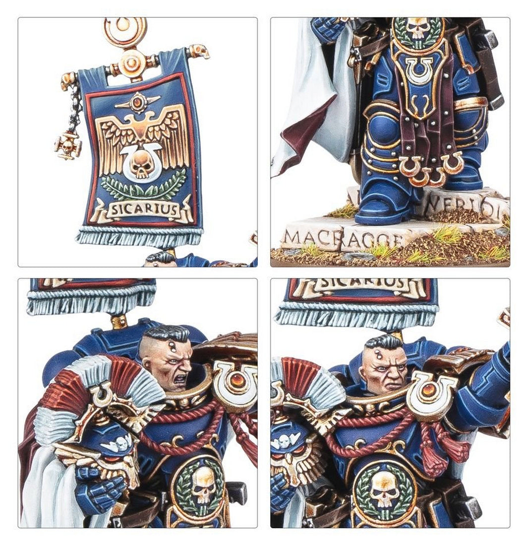 Detailed painted miniature close-ups of Ultramarines Captain Sicarius wearing blue armor, featuring his banner and Macragge base