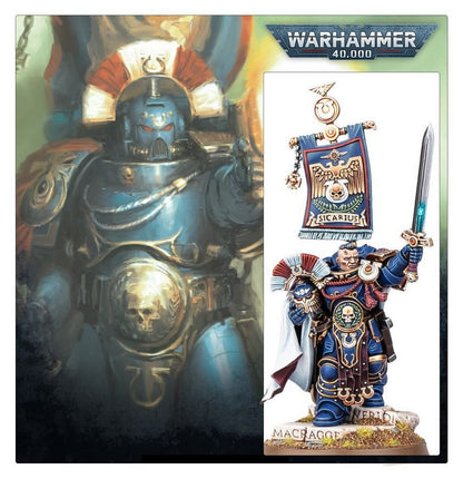 Artwork and painted miniature of Ultramarines Captain Sicarius holding a power sword in full armor