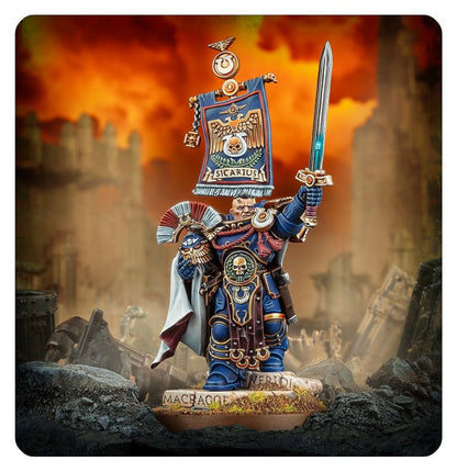 Miniature of Ultramarines Captain Sicarius in blue armor, raising a glowing sword and banner over a ruined battlefield