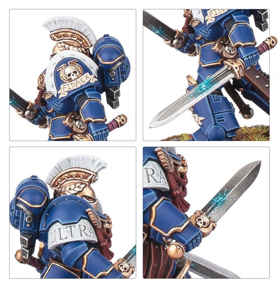 Four close-ups of a blue Ultramarine Space Marine miniature with a crested helmet and twin power swords