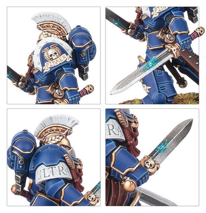 Four close-ups of a blue Ultramarine Space Marine miniature with a crested helmet and twin power swords