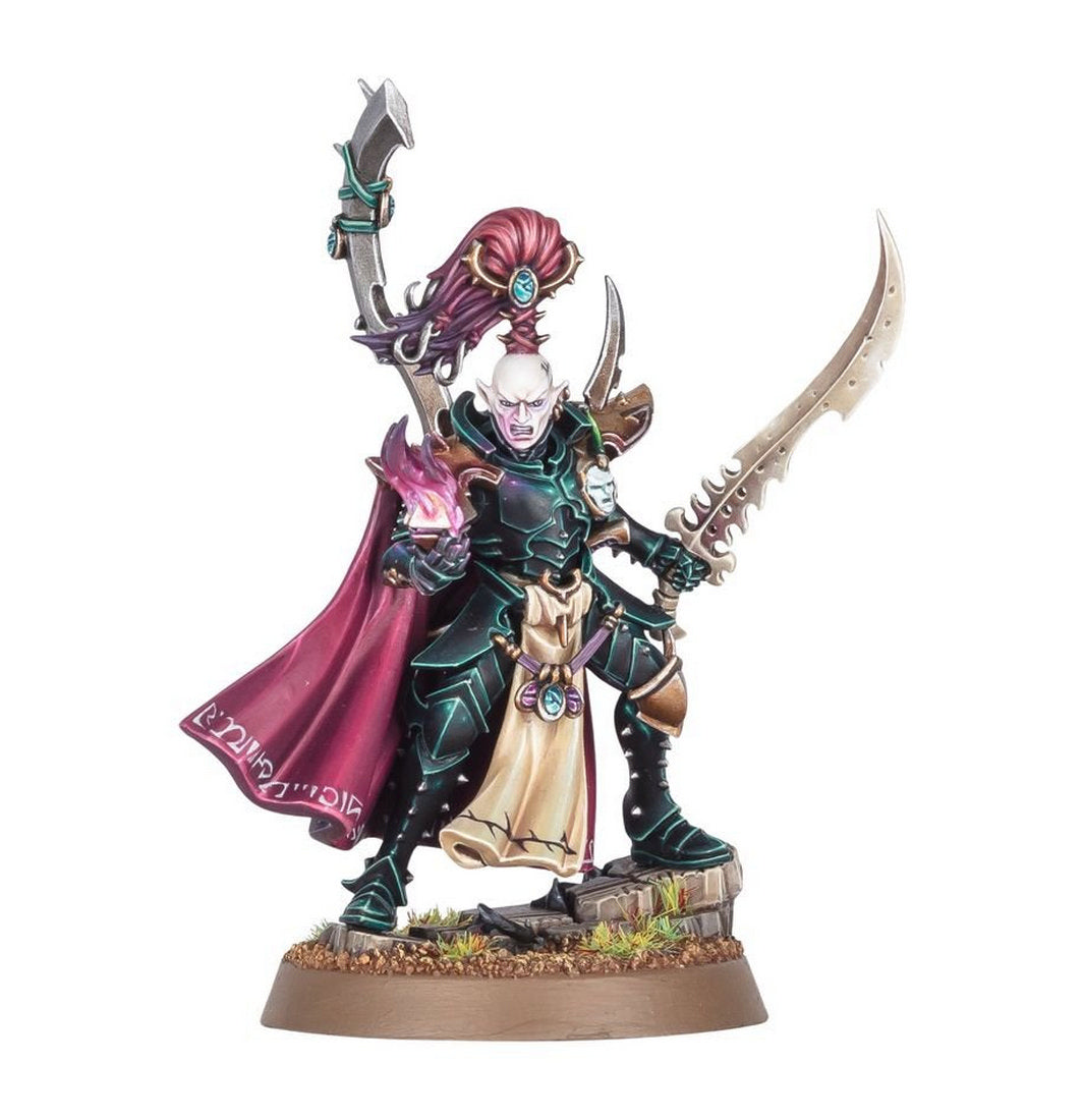 Painted miniature of a dark armored warrior with a red cape, wielding a serrated sword and purple mystic flame