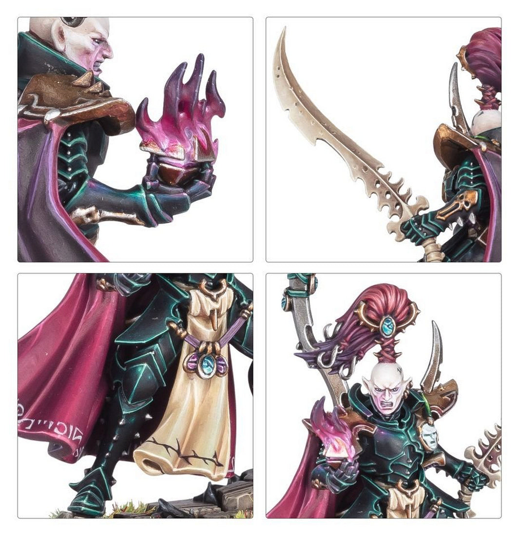 Detailed miniature figure of an armored, pale-skinned warrior holding a glowing purple artifact and a barbed sword