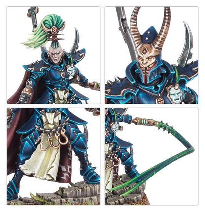 Detailed miniature figure in blue armor with green crest and whip, shown in four close-up views