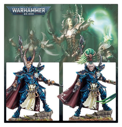 Painted Warhammer 40K Drukhari warrior model in blue armor, displayed with two head options