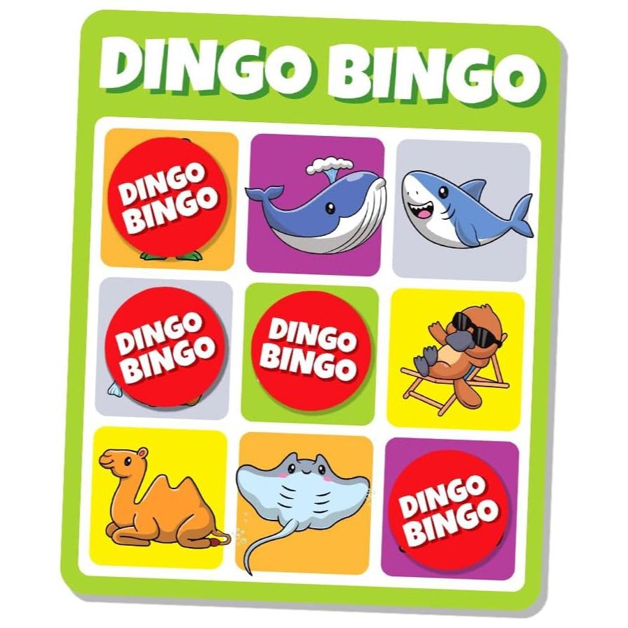 Dingo Bingo game card with cartoon whale, shark, platypus, camel, and stingray images