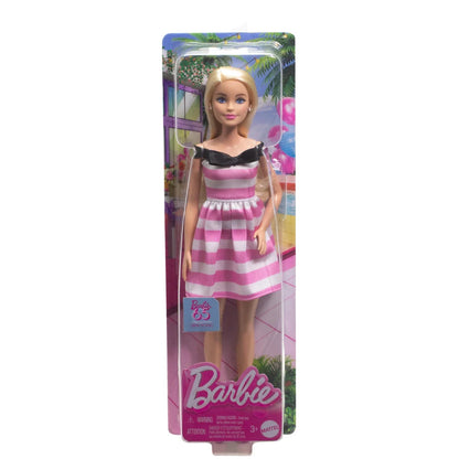 Blonde Barbie doll wearing a pink and white striped dress with a black off-shoulder top -  in retail packaging