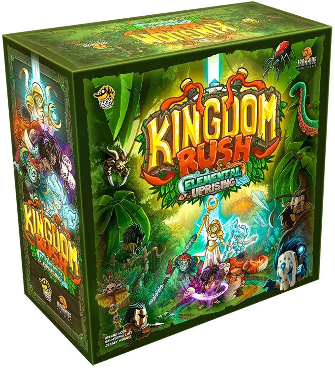 Kingdom Rush: Elemental Uprising board game box cover with fantasy artwork, suitable for 1-4 players
