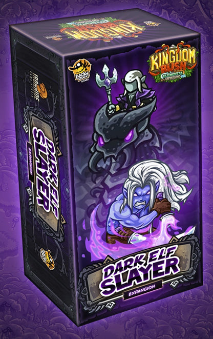 Kingdom Rush Dark Elf Slayer Expansion board game box features characters on a purple background