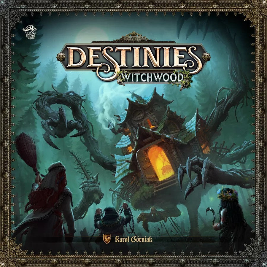 Destinies Witchwood board game box art featuring a haunted house with figures in a dark forest