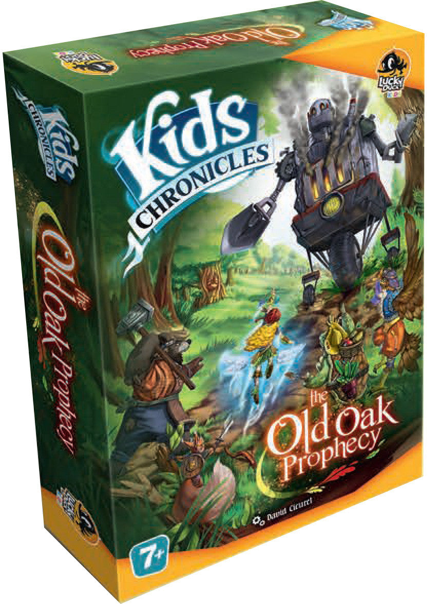 Kids Chronicles The Old Oak Prophecy board game box with vibrant fantasy landscape illustration featuring robot and forest creatures