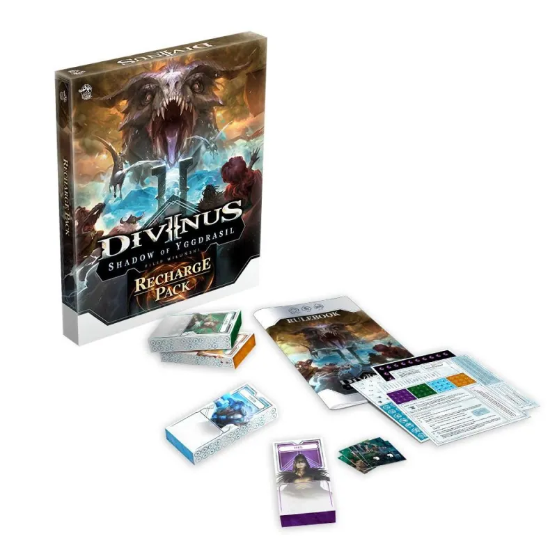 Divinus: Shadow of Yggdrasil Recharge Pack showing game box and components overview