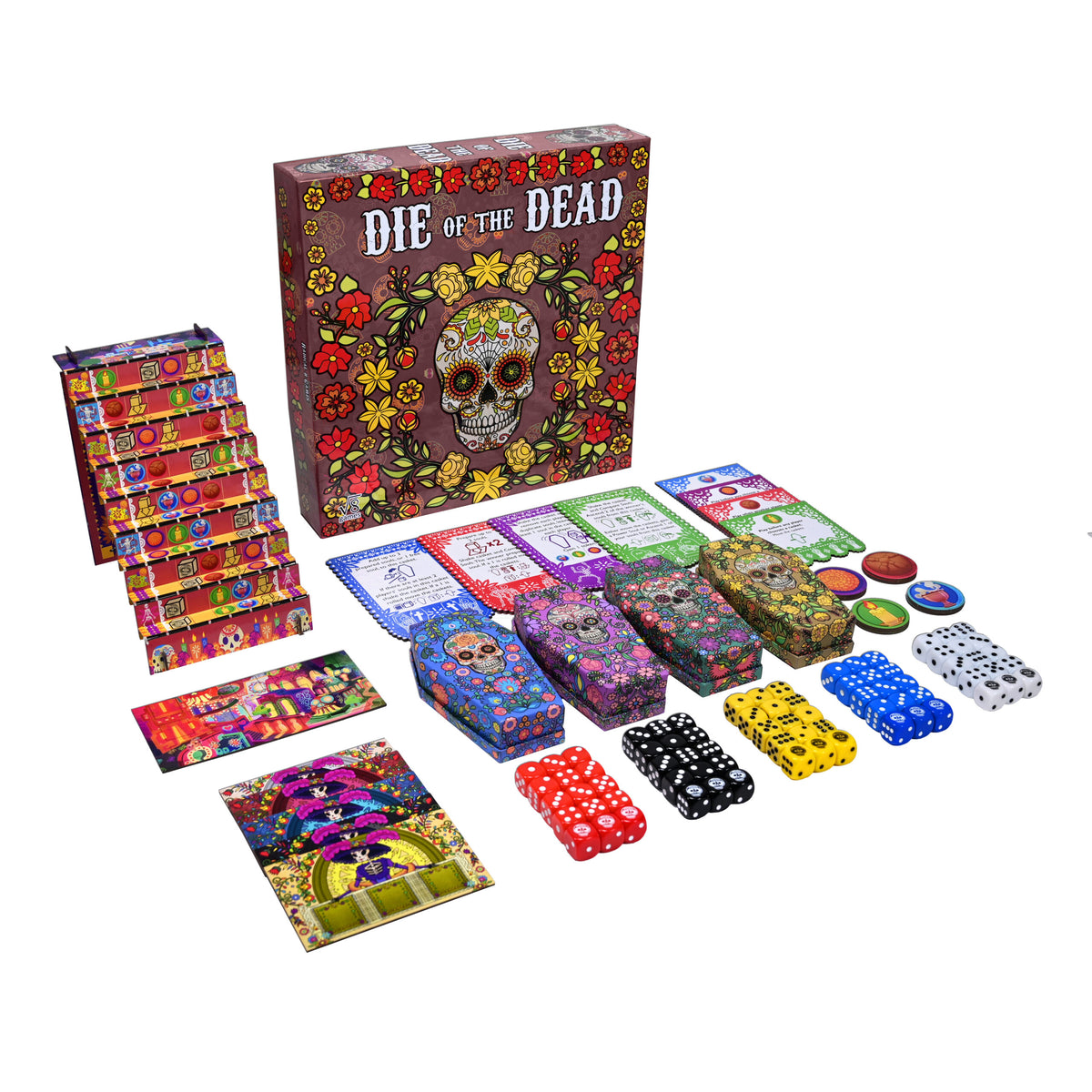 Die of the Dead game box with dice, card, and components displayed
