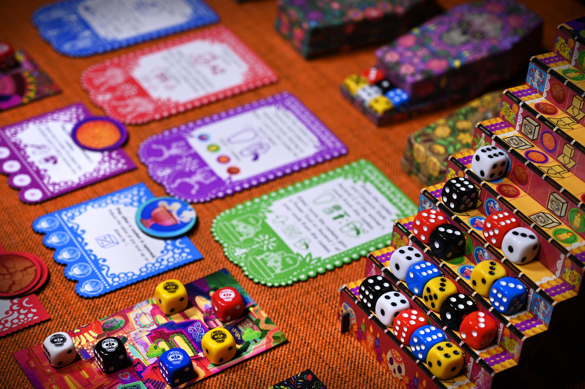 Setup with dice, tokens, and game elements from Die of the Dead