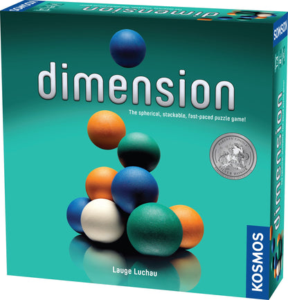 A teal Dimension puzzle game box displays colorful stackable spheres with the prominent game title, a Parents' Choice Silver Honor seal, and KOSMOS branding