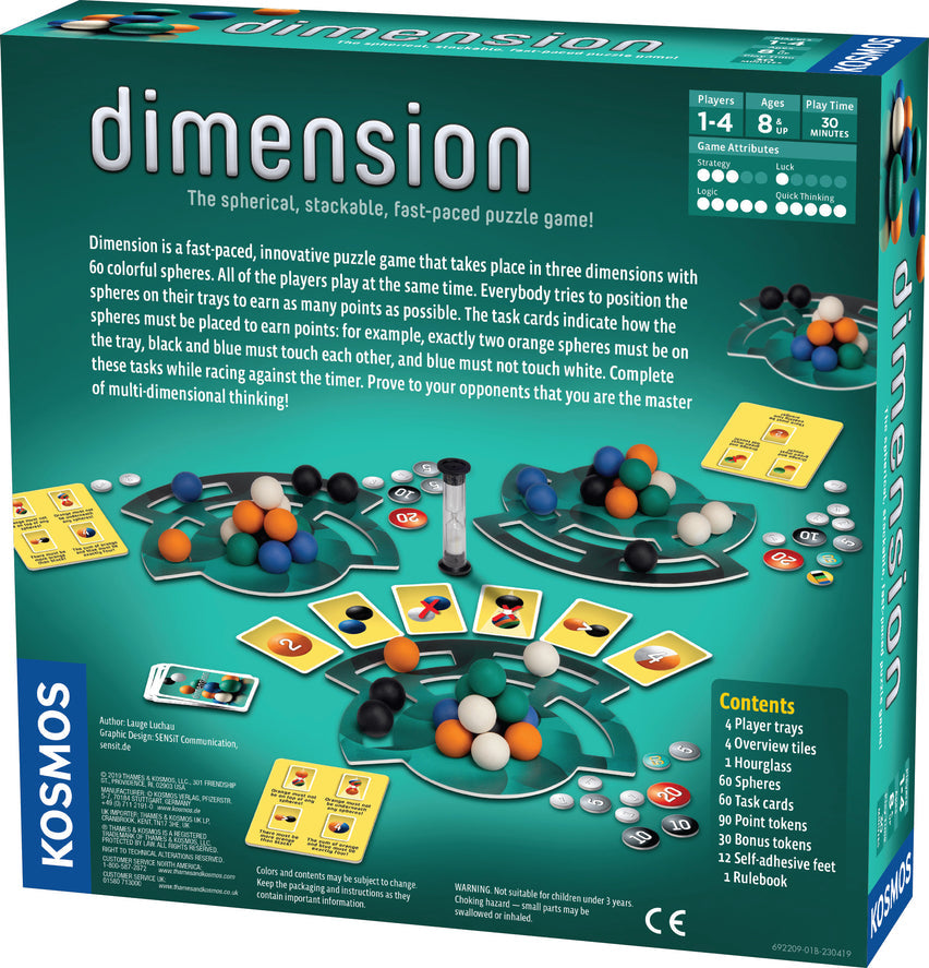 The back of the Kosmos Dimension board game box displays colorful spheres on player trays, an hourglass, yellow task cards, and game details on a teal background